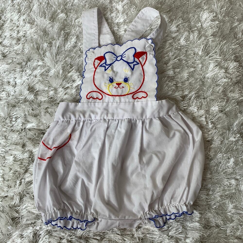 Vintage 1 Piece Apron Overalls Sz 9 months White Kitty Bow